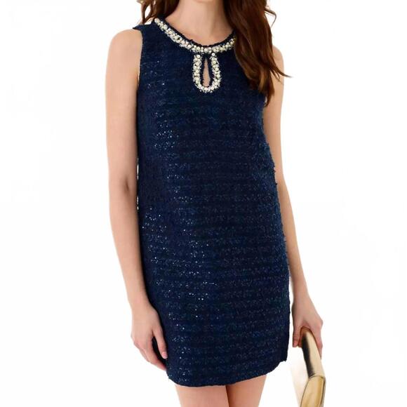 NEW LILLY PULITZER ronan skirted shift romper in low tide navy after party lurex